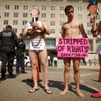 Code Pink for Peace demonstrators protest the allegedly abusive and prolonged detention of Pfc. Bradley Manning.
