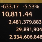 A New York Stock Exchange ticker shows Monday's massive stock market drop -- the steepest one-day decline since the 2008 financial crisis.