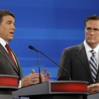 Texas Gov. Rick Perry and former Massachusetts Gov. Mitt Romney hammered each other at a debate in Orlando, Fla., on Thursday night.