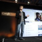 A Google rep unveils Google Music in Los Angeles on Wednesday: The new "social music" service lets Google+ friends listen to each other's songs once for free.