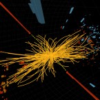 In this artist's rendering, two photons (red) smash into one another, and the wreckage (yellow) is where researchers are searching for the mysterious "God particle."
