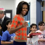 First Lady Michelle Obama eats a healthy lunch with Virginia elementary kids Wednesday: The USDA is setting new calorie limits on school lunches.