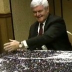 Newt Gingrich sweeps away a pile of sparkly bits after being glitter-bombed in May.