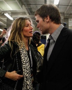Tom Brady chats with wife Gisele Bundchen after losing to the New York Giants in Sunday's Super Bowl: The supermodel was caught on video criticizing Brady's teammates for dropping passes.