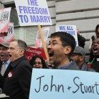 People celebrate outside a San Francisco court Wednesday after a three-judge panel ruled that a voter-approved ban on same-sex marriage violated the civl rights of gays and lesbians.