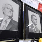 Drawings of the Republican presidential candidates are displayed at a booth at the annual Conservative Political Action Conference in Washington, D.C.