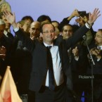 French President-elect Francois Hollande greets his supporters on May 6: Investors are worried that Hollande's win, along with other recent electoral changes in Europe, will end EU austerity measures and doom the world economy.