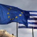 The EU and Greek flags fly in front of the Parthenon: EU leaders are at a stalemate over financial integration.