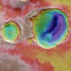 Two craters on the surface of Mars, color-coded here to highlight their varied terrain, may prove that the planet underwent significant fluctuations in its climate.