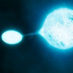 An artist's rendition of a "vampire star" sucking gas from another star so that it can become bigger and brighter.