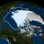 A NASA satellite image shows the new record-low Arctic ice (white), and where the ice was 30 years ago (yellow line).