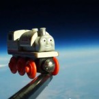 Stanley the train reaches his 18-mile high destination before the weather balloon that lifted him aloft bursts and he plummets back down to Earth.