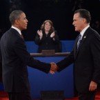 President Obama and Mitt Romney shake hands at the second presidential debate.