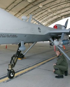 The U.S. Air Force's first "hunter-killer" unmanned aerial vehicle, the MQ-9 Reaper, is inspected in 2007.