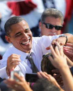 President Obama greets voters after speaking at a campaign rally in Delray Beach, Fla., on Oct. 23: The incumbent's campaign that it has the most sophisticated get-out-the-vote operation in U.S. history.