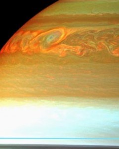 The colored swirls indicate the tail end of Saturn's massive storm that occurred sometime between 2010 and 2011.