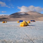 Researchers set up camp on the icy surface of Lake Vida in Antarctica.