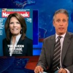 Jon Stewart doing his best Michele Bachmann impersonation.