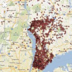 A screen shot of the interactive map that shows pistol permits registered with the Westchester County Clerk's Office.
