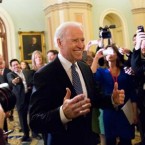 Vice President Joe Biden arrives for a meeting with Senate Democrats to urge them to support a fiscal cliff deal. The Senate later passed the deal 89-8.