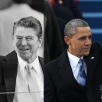 Ronald Reagan at his first inauguration on Jan. 20, 1981, and President Obama at his second on Jan. 21, 2013.